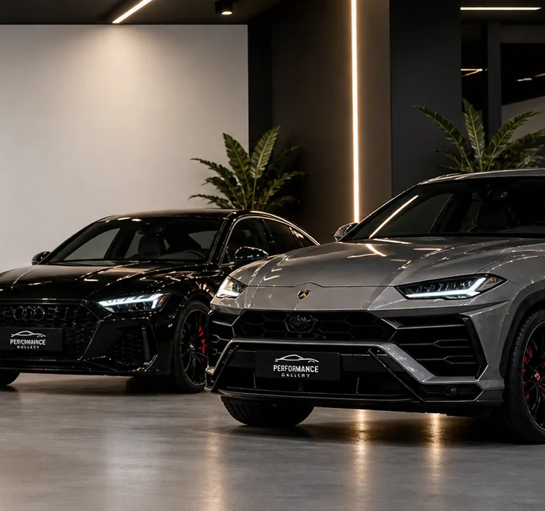 Sportwagens in de showroom van Performance Gallery
